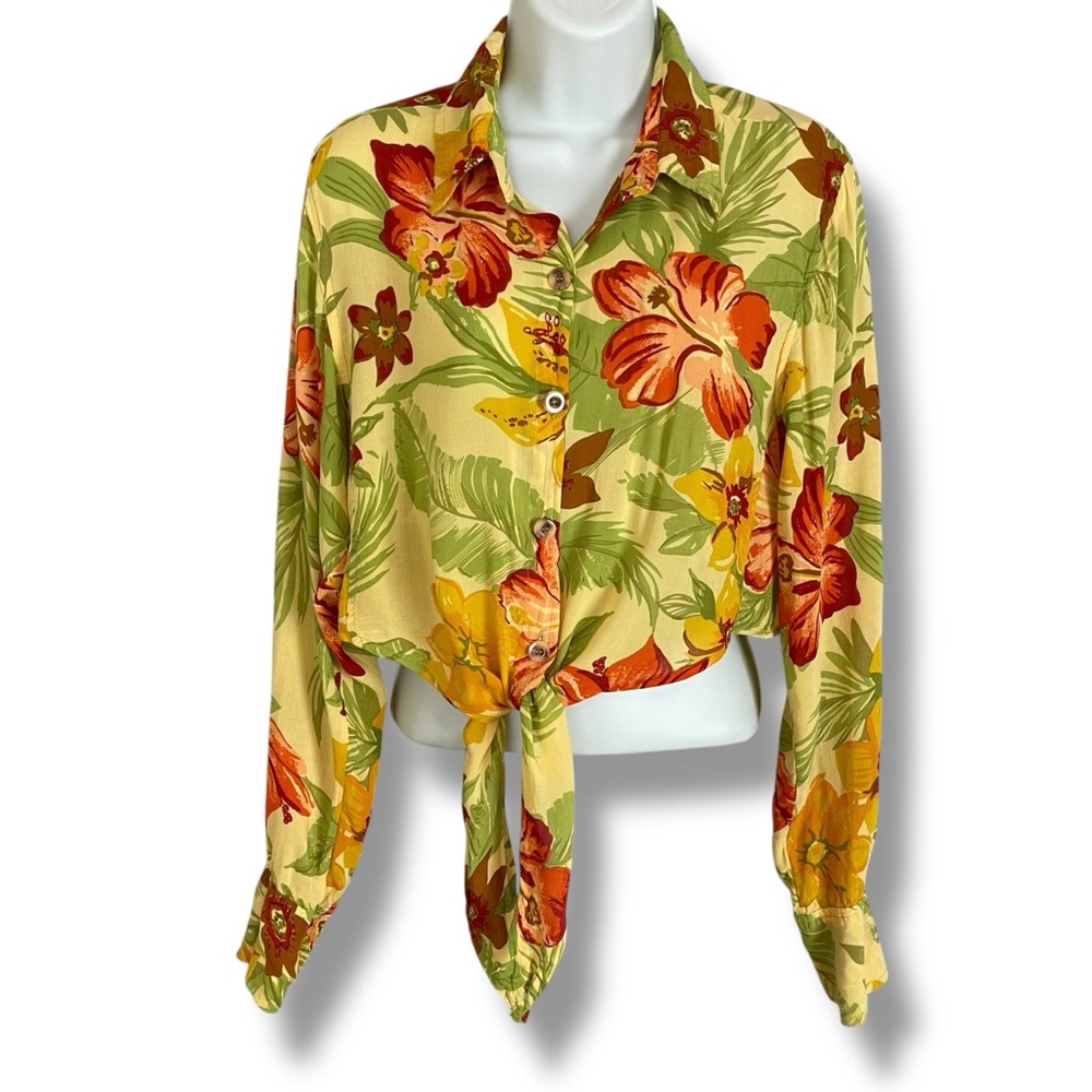 Faithfull the Brand Crop Top Tie Front Size 6 Floral Yellow Tropical Blouse